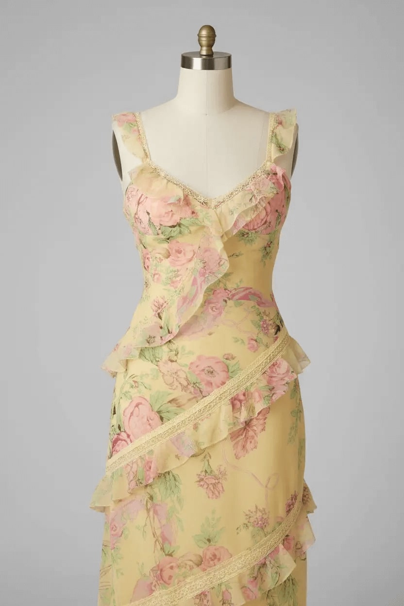 Yellow Floral Printed Prom Dress Sheath/Column Ruffled V Neck Formal Evening Dress