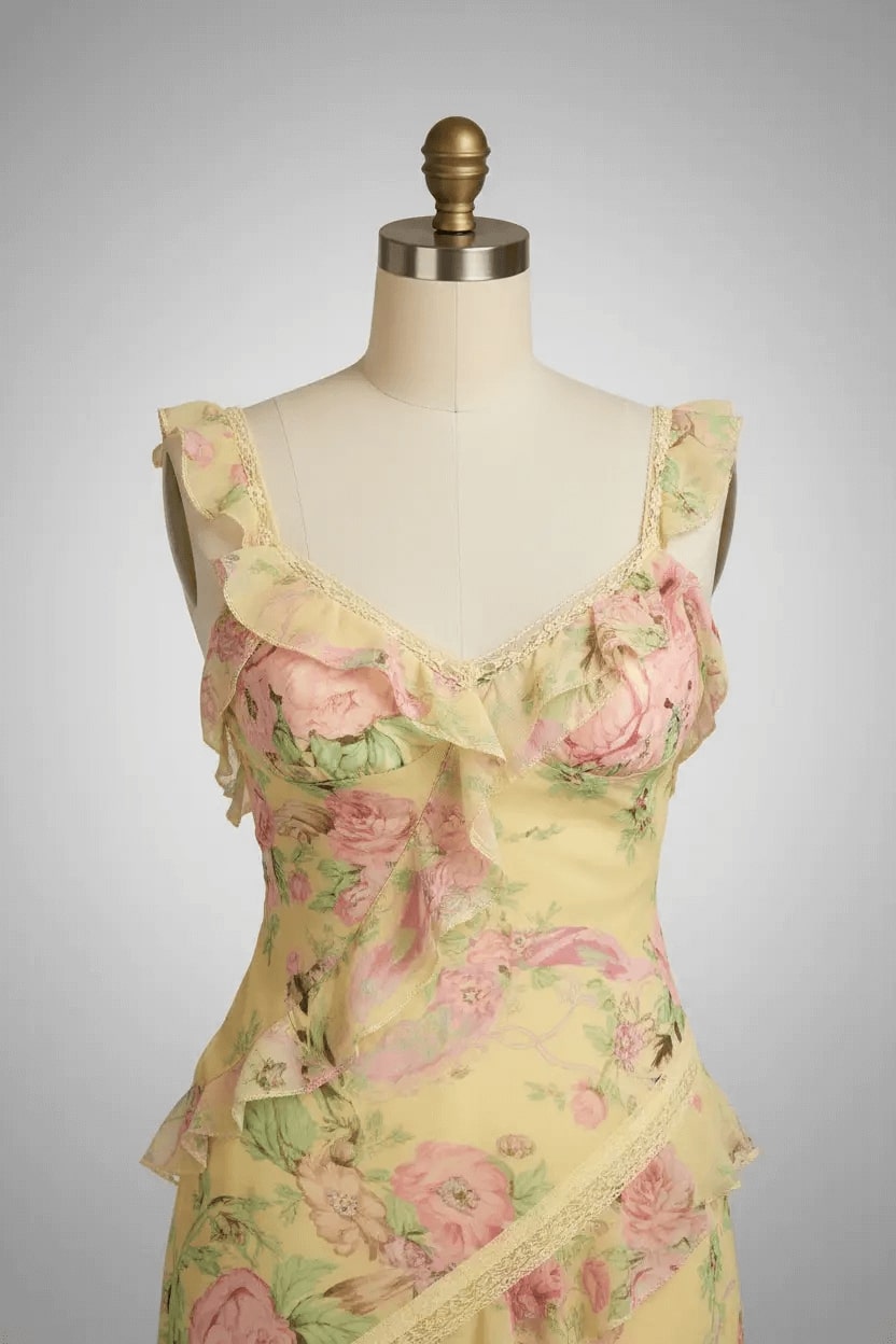 Yellow Floral Printed Prom Dress Sheath/Column Ruffled V Neck Formal Evening Dress