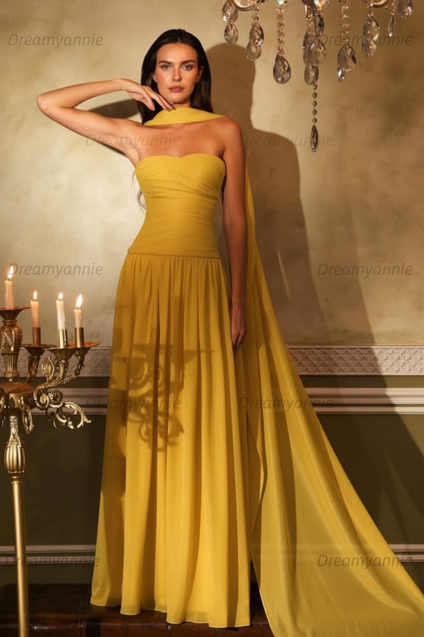 Orange A Line Prom Dress Sleeveless Strapless Evening Dress