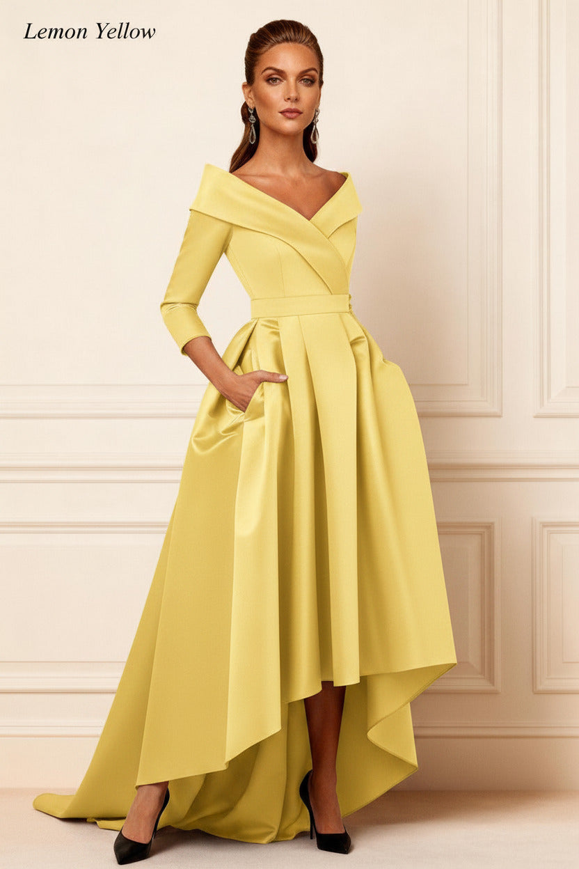Dreamyannie Dark Navy V Neck Satin High Low Mother Of The Bride Dress With Pockets