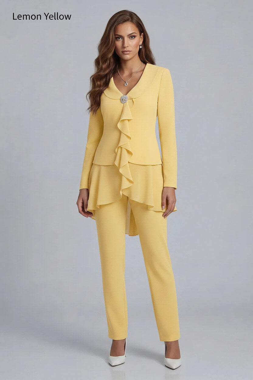 Dreamyannie Navy V Neck Ruffled Chiffon 2 Piece Mother Of The Bride Pant Suits With Sleeves
