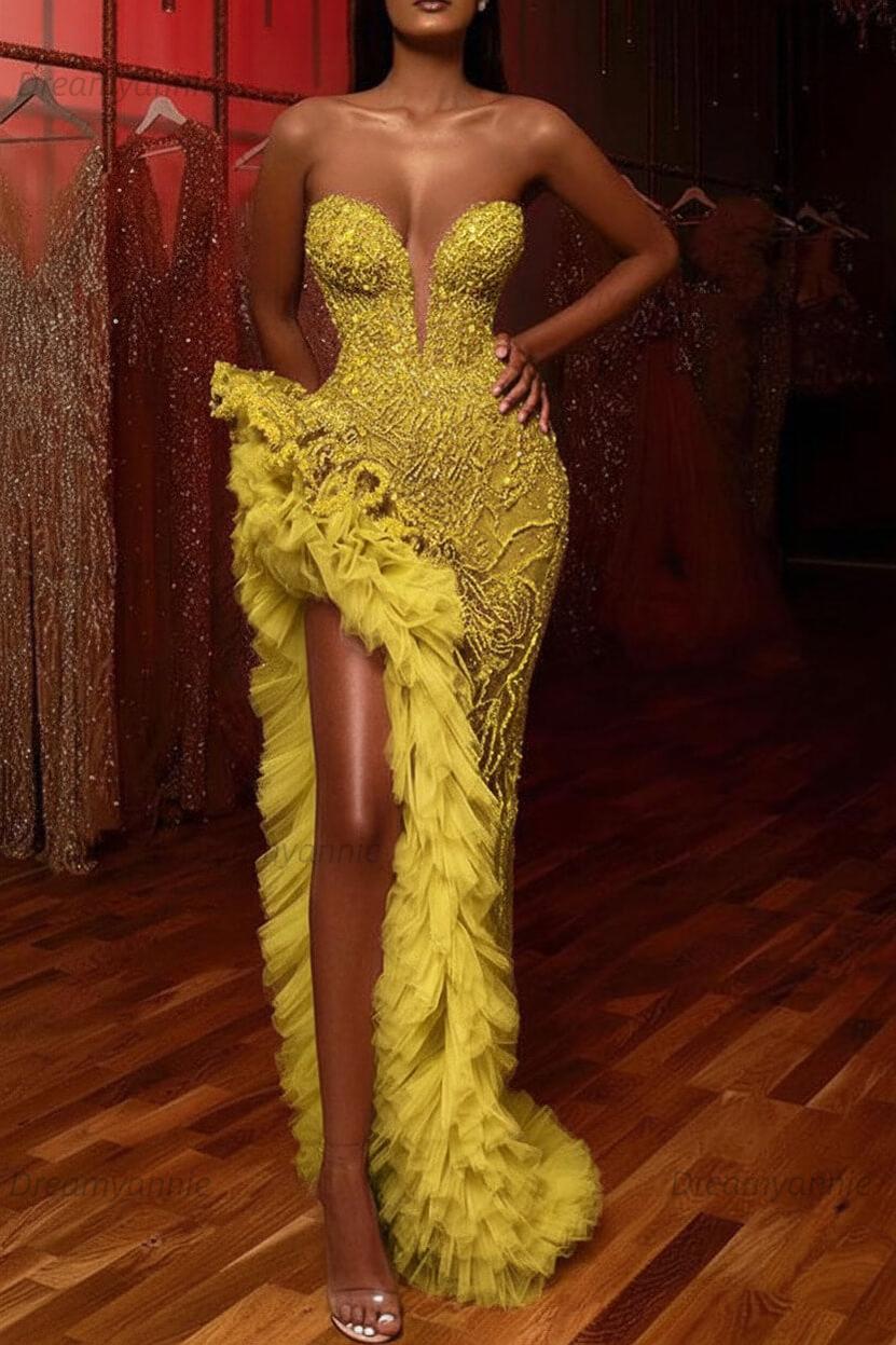 Mermaid Prom Dress Beading Sleeveless Long Split Evening Dress With Ruffles