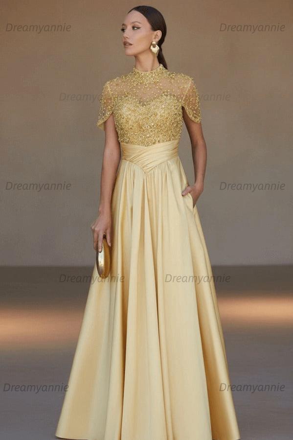Green A Line Prom Dress Short Sleeve High Neck Beaded Evening Dress