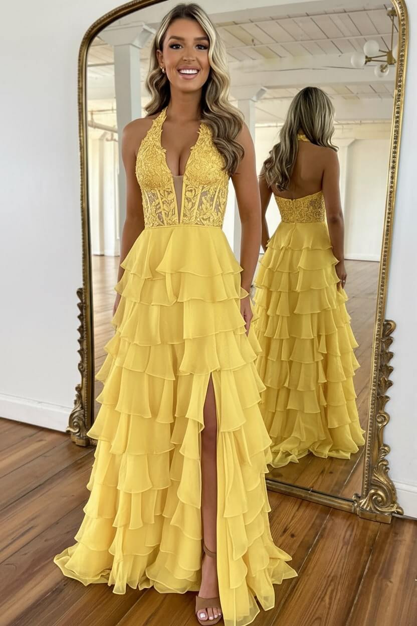 Dreamyannie Sky Blue Prom Dress Ruffled Halter Corset Evening Dress With Slit