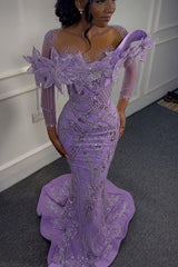 Yellow Mermaid Prom Dress Long Sleeve Beaded Formal Dress with 3D Flowers