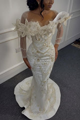 Yellow Mermaid Prom Dress Long Sleeve Beaded Formal Dress with 3D Flowers