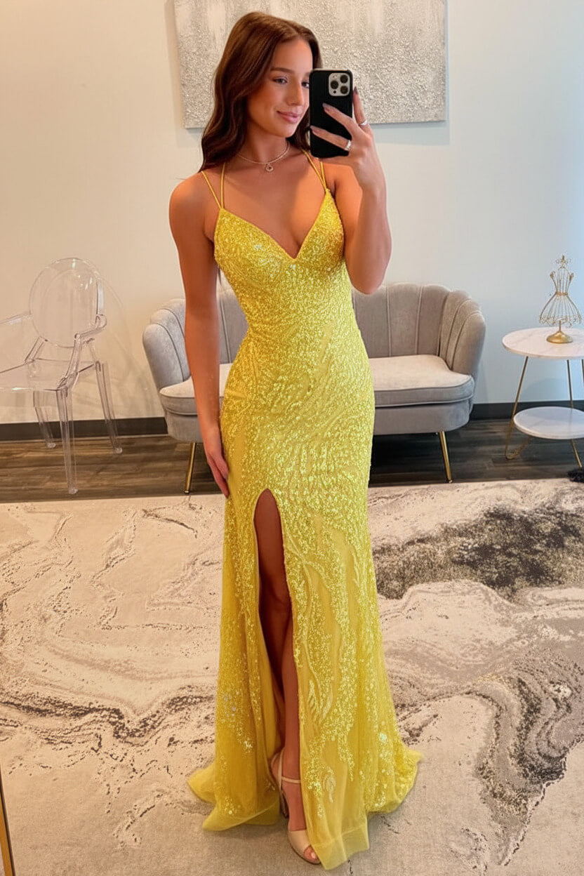 Silver Sequin Spaghetti Strap Mermaid Slit Prom Dress With Crisscross Lace-Up Back Formal Evening Gown