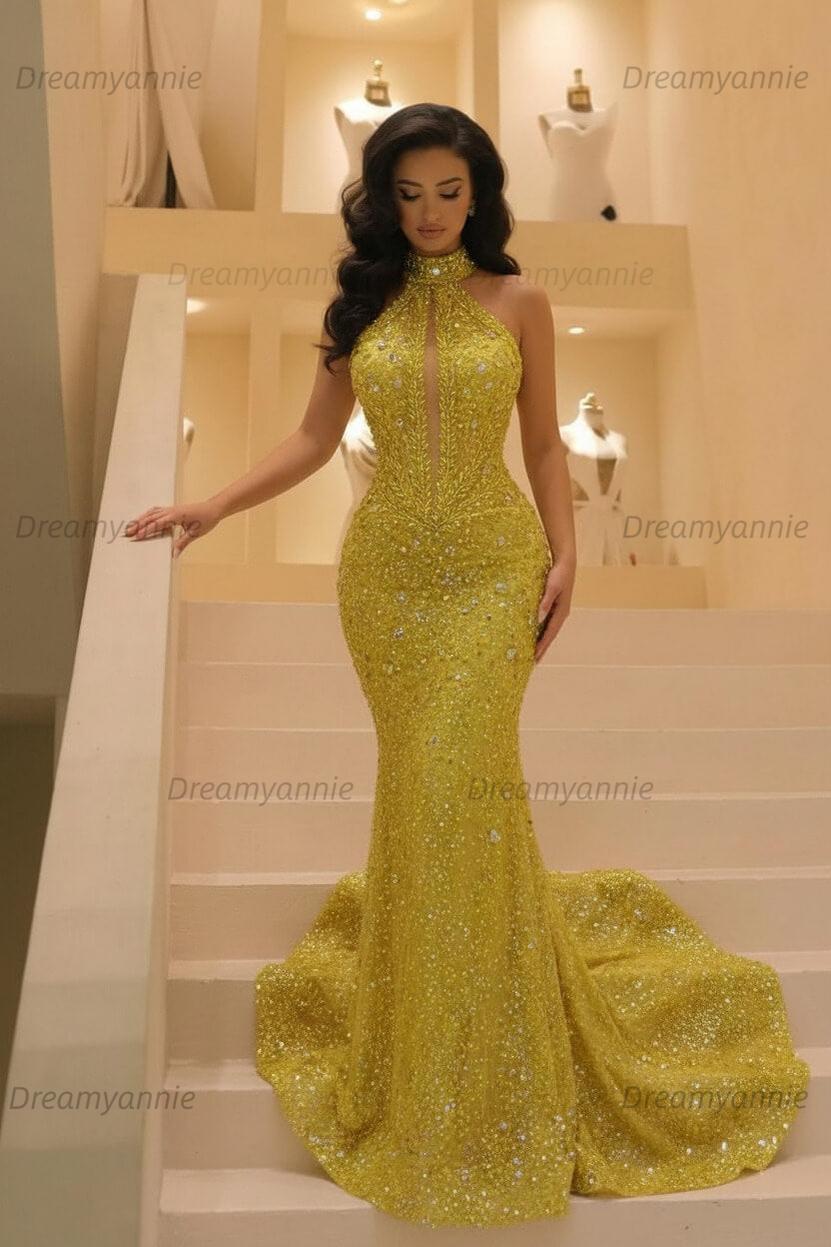Gold Halter Neck Prom Dress Beaded Mermaid Evening Dress with Sweep Train