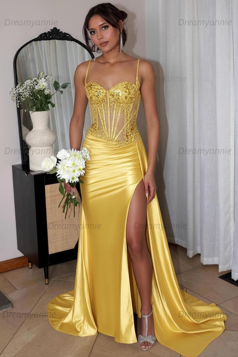 Corset Sequined Prom Dress Satin Appliqued Long Formal Dress With Slit