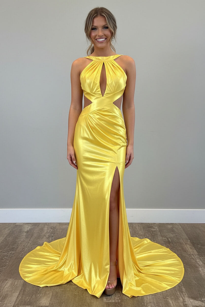Stylish Fuchsia Metallic Mermaid Prom Dress With Slit And Open Back Formal Evening Gown