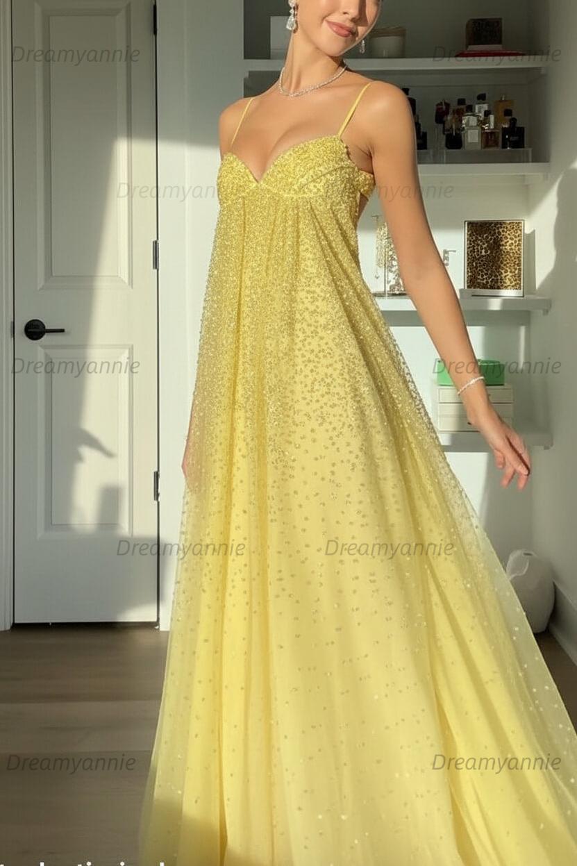 Bling A Line Spaghetti Straps Grey Blue Long Party Dress With Beading Formal Evening Gown