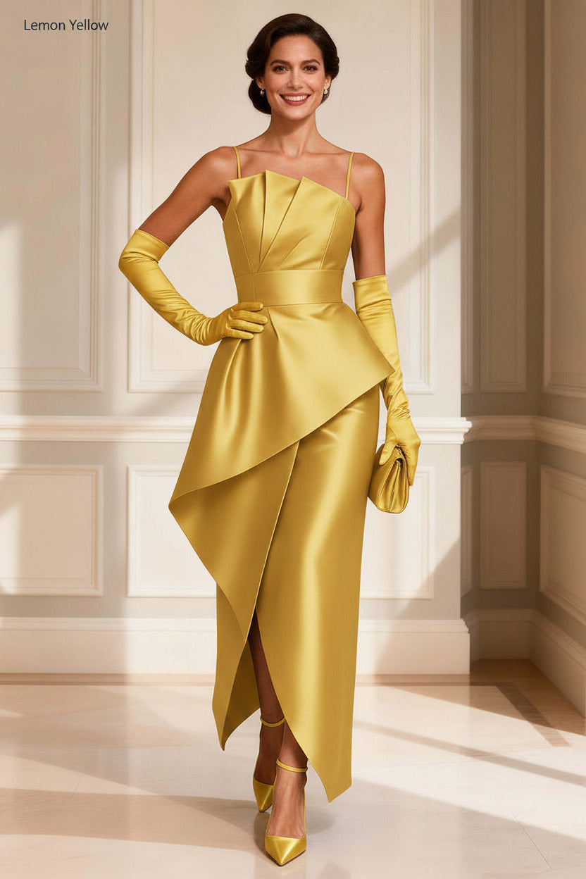 Dreamyannie Satin Navy Spaghetti Straps Ruched Asymmetrical Mother Of The Bride Dress