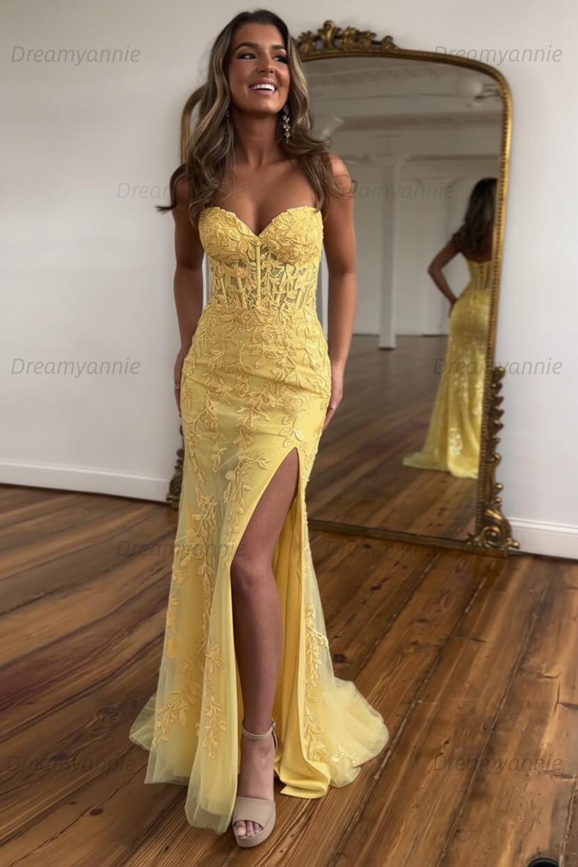 Light Blue Prom Dress Mermaid Sweetheart Corset Long Laced Evening Dress with Slit