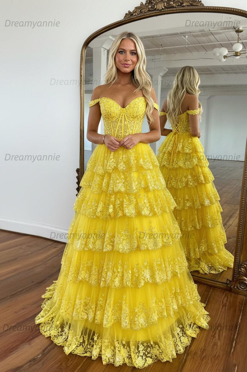 Glitter Hot Pink Corset Off the Shoulder Lace Long Prom Dress