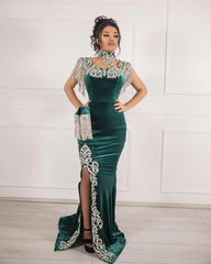 Green Christmas Party Dress Lace Appliques Slit Velvet Evening Dress With Detachable Train