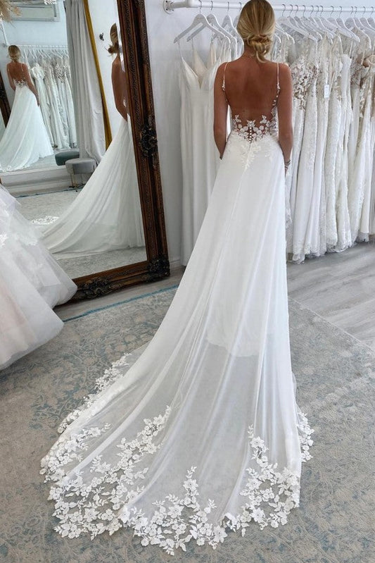 White Spaghetti Straps Wedding Dress Chiffon Lace Bridal Dress with Sweep Train