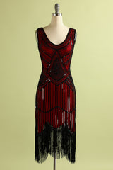 Red and Black Deep V-Neck Flapper Dress