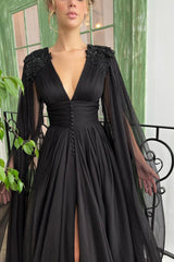 A Line V Neck Tulle Floor Length Long Sleeve Split Front Appliques Lace Vintage Prom Dress