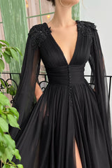 A Line V Neck Tulle Floor Length Long Sleeve Split Front Appliques Lace Vintage Prom Dress