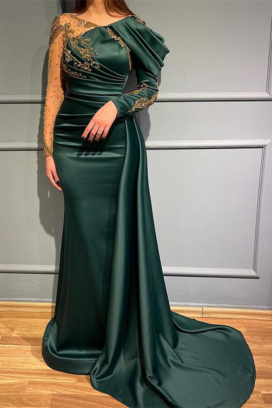 Dark Green Long Sleeves Beads Mermaid Evening Dress with Appliques