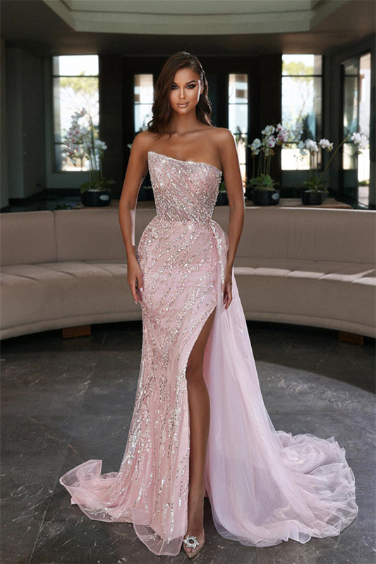 Modern Pink Strapless Mermaid Evening Dress with Ruffles and Beadings