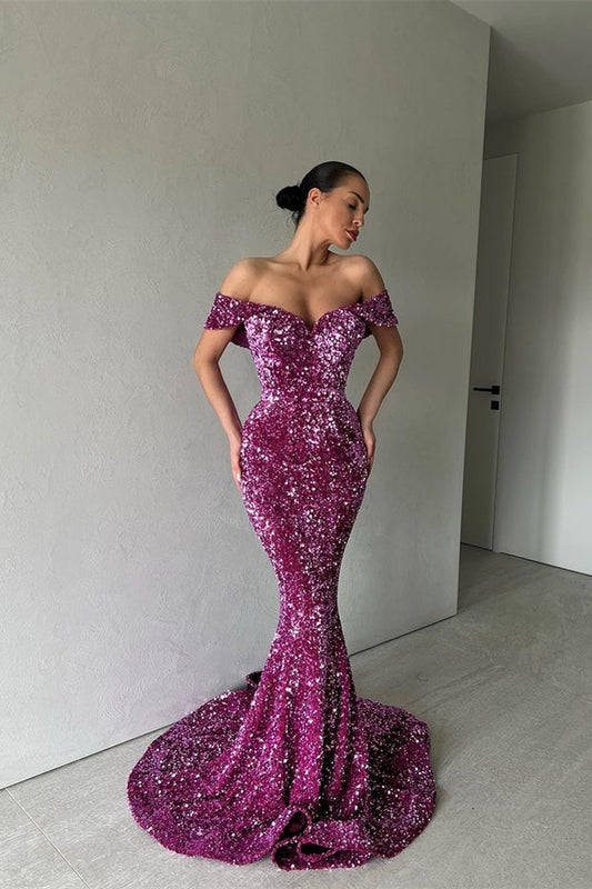 Purple Off-The-Shoulder Mermaid Evening Dress Long with Sequins