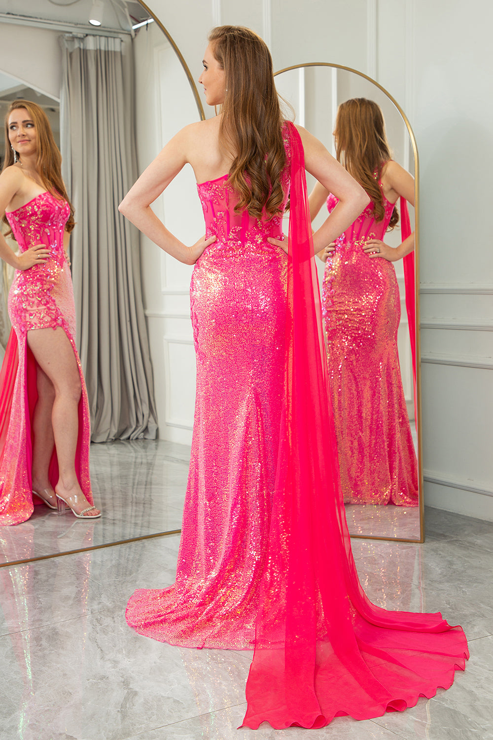 Sparkly Fuchsia Mermaid One Shoulder Long Corset Prom Dress With Slit