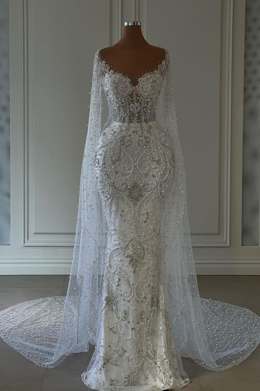 Long Sleeve White Wedding Dress with Beading on Tulle 