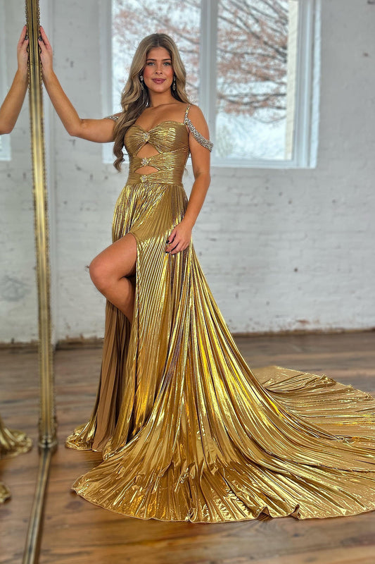 Sparkly Golden Cut Out Beaded A-Line Metallic Pleated Long Prom Dress with Slit