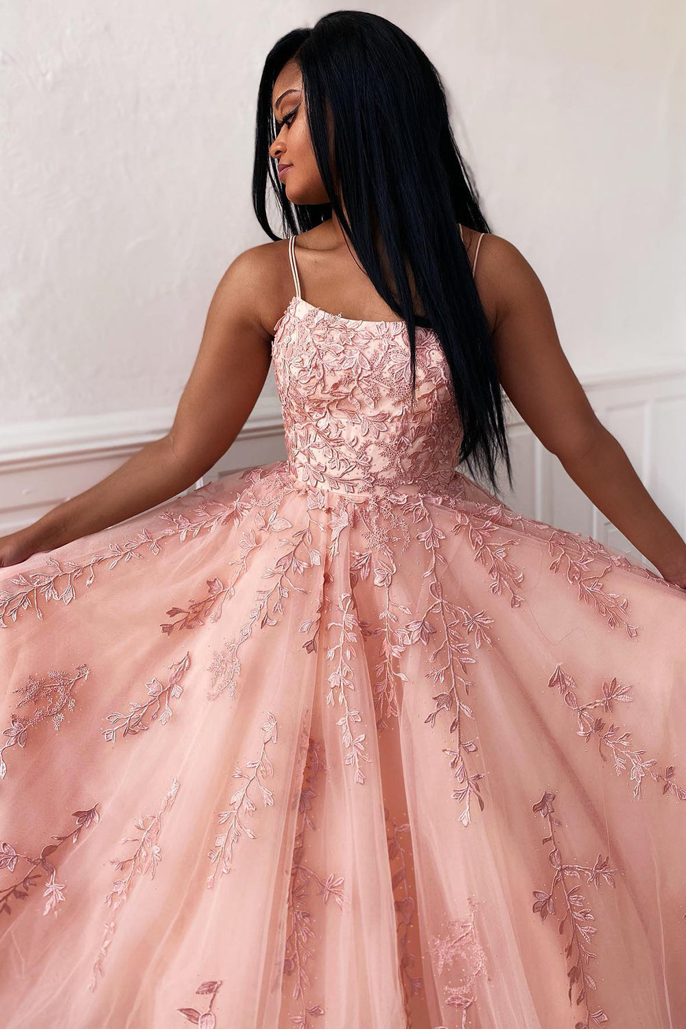 Princess Champagne Spaghetti Straps Prom Dress