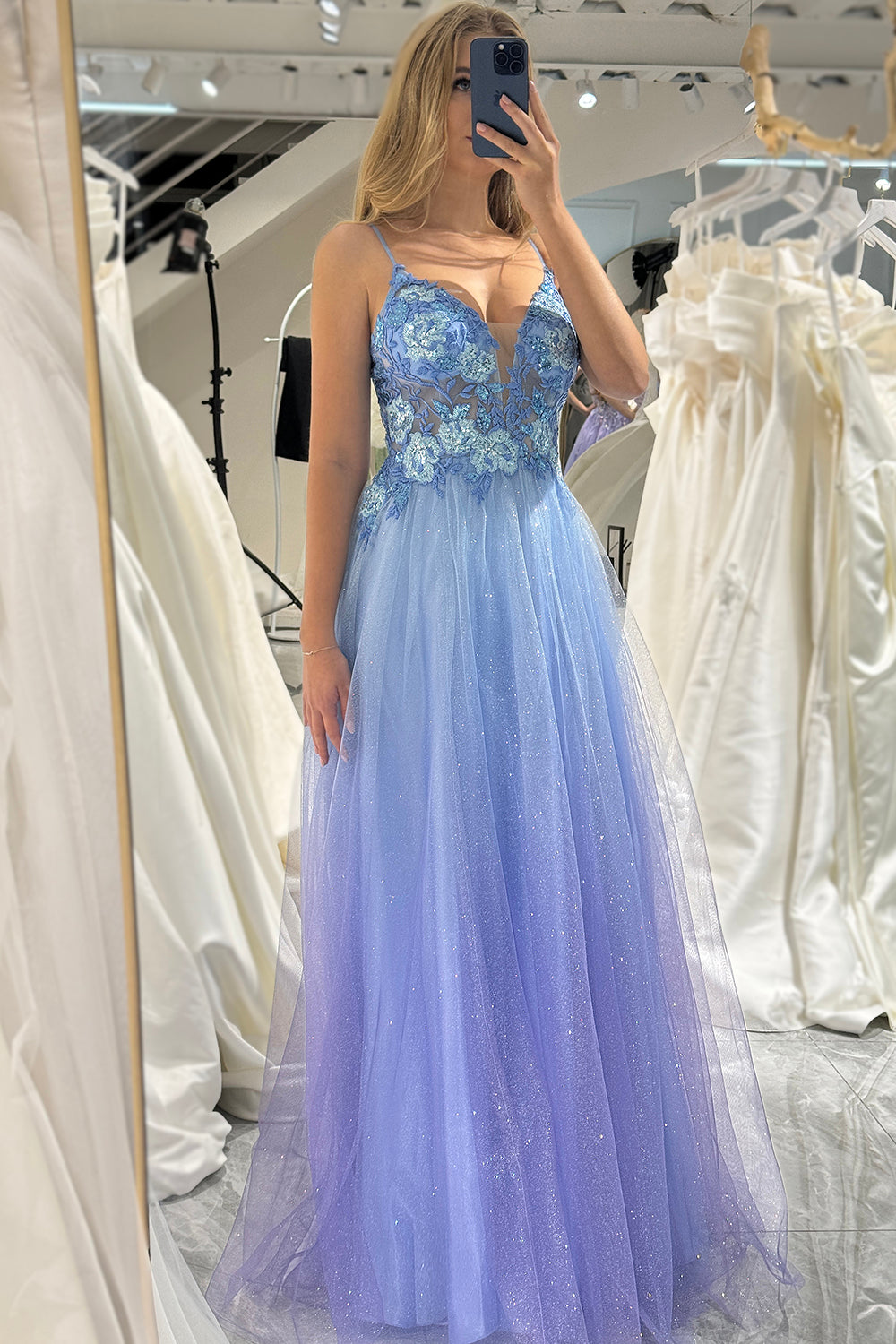 Glitter A Line Tulle Long Prom Dress With Appliques