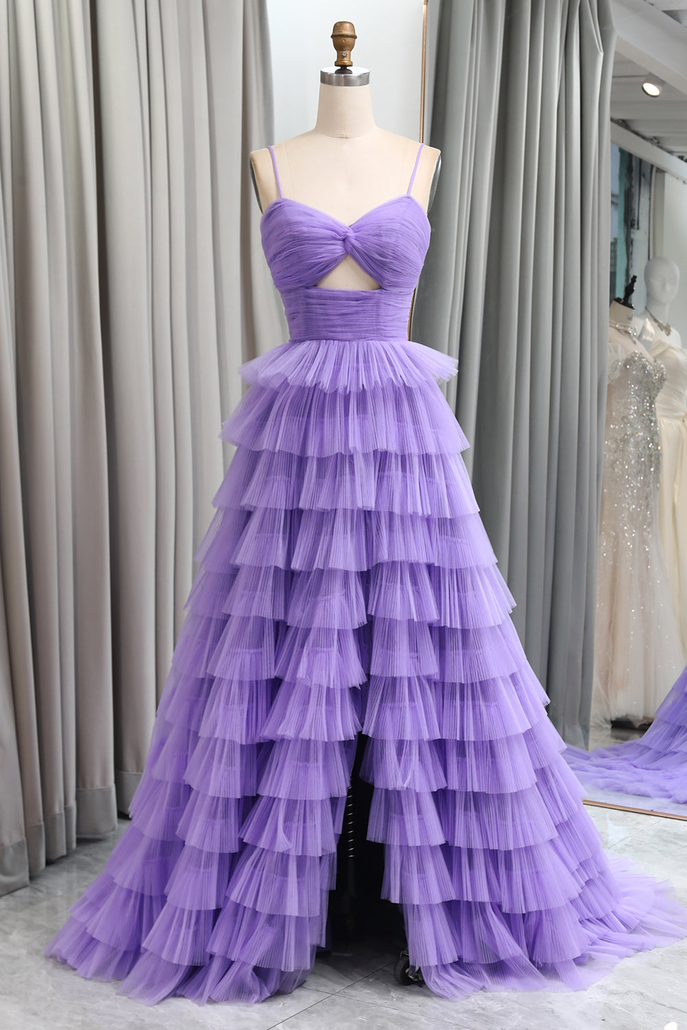 Purple Tulle A Line Tiered Long Prom Dress With Front Slit