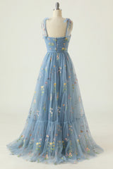 Grey Blue Prom Dress A-Line Embroidered Bowknot Sleeveless Party Dress