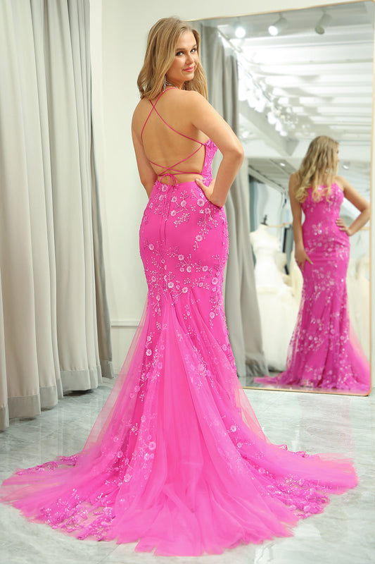 Fuchsia Mermaid Backless Long Prom Dress With Appliques