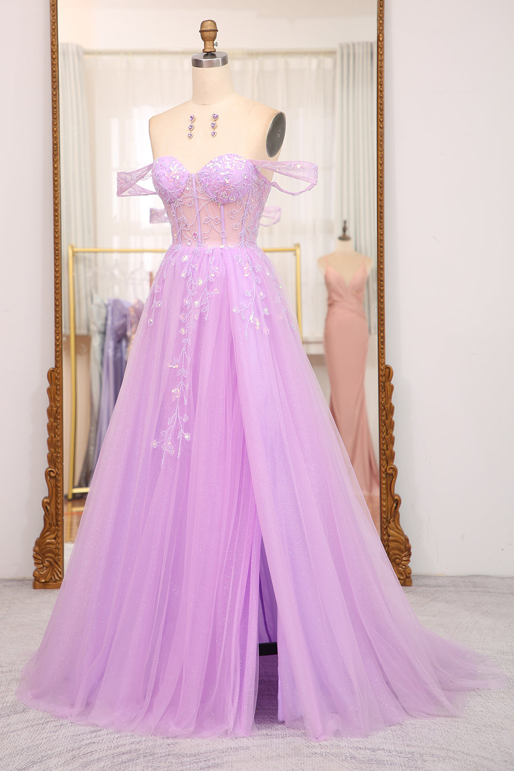 Light Purple A Line Off the Shoulder Long Corset Prom Dress With Slit