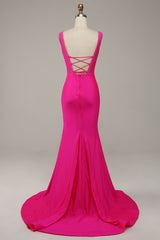 Fuchsia Mermaid V-Neck Beaded Prom Dress