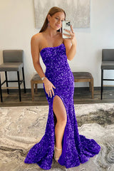 Sparkly Mermaid Royal Blue Sequin Prom Dress With Slit