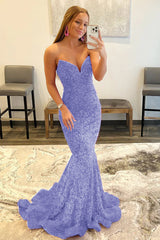 Fuchsia Sweetheart Neck Sequined Mermaid Prom Dress With Sweep Train