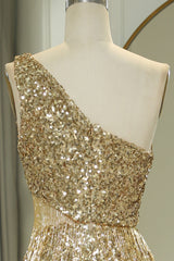 Glitter Golden Cut Out One Shoulder Long Prom Dress With Slit