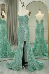 Sparkly Green Spaghetti Straps Mermaid Sequined Long Prom Dress With Slit