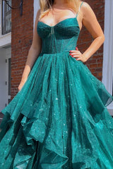 Dark Green A Line Long Corset Prom Dress With Ruffles