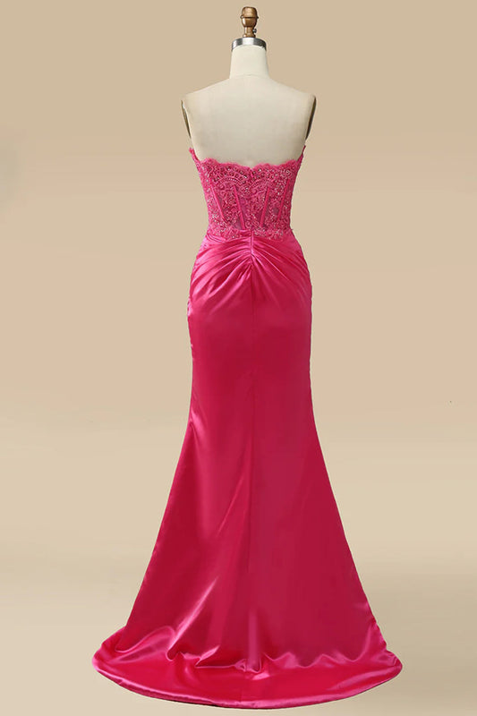 Sparkly Hot Pink Corset Long Sheath Prom Dress with Slit