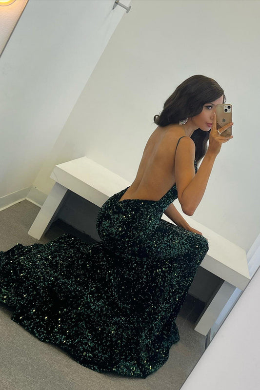 Dark Green Evening Dress Sequins Backless Mermaid Prom Dress