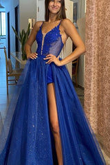 Royal Blue Spaghetti-Straps Evening Dress with Appliques and Split