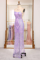 Glitter Lilac Mermaid Spaghetti Straps Backless Long Prom Dress With Embroidery