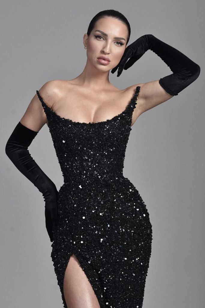 Elegant Black Long Evening Dress with Sequins Half Sleeves and Slit