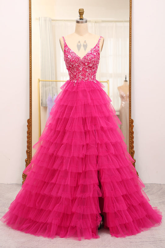 Sparkly Fuchsia A Line Beaded Appliques Tiered Long Prom Dress With Slit