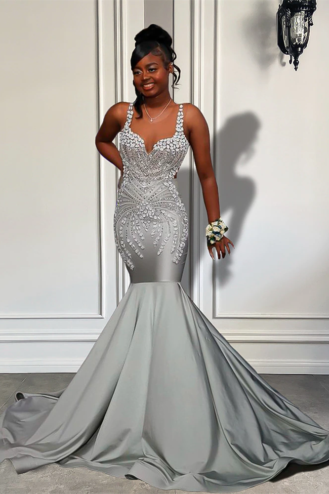 Grey Sweetheart Sequins Evening Dress Sleeveless with Beadings