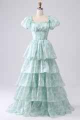 Light Blue A Line Long Tiered Corset Prom Dress