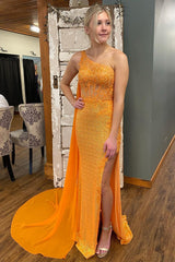 Sparkly Orange Corset One Shoulder Long Prom Dress with Deatchable Train